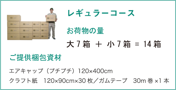 レギュラーコース お荷物の量 大7箱 ＋ 小7箱 ＝ 14箱 ご提供梱包資材 エアキャップ（プチプチ）120×400cm クラフト紙　120×90cm×30枚 ガムテープ　30m巻×1本