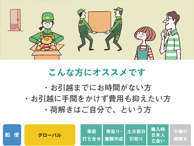 こんな方にオススメです ・お引越までにお時間がない方 ・お引越に手間をかけず費用も抑えたい方 ・荷解きはご自分で、という方