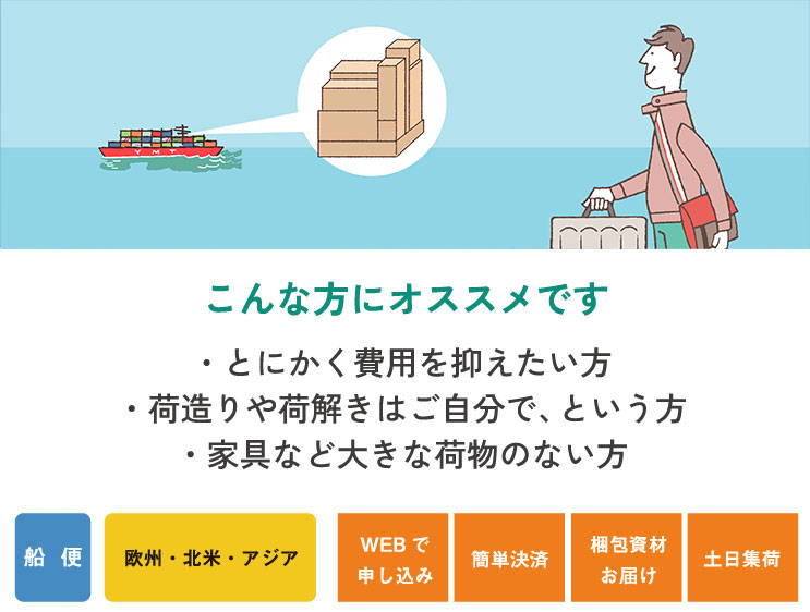 こんな方にオススメです ・とにかく費用を抑えたい方 ・荷造りや荷解きはご自分で、という方 ・家具など大きい荷物のない方