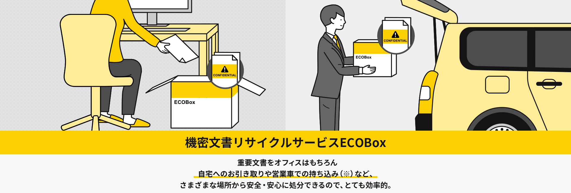 機密文書リサイクルサービスECOBox テレワーク中の自宅や営業車からも、重要文書の抹消処理ができるようになりました。