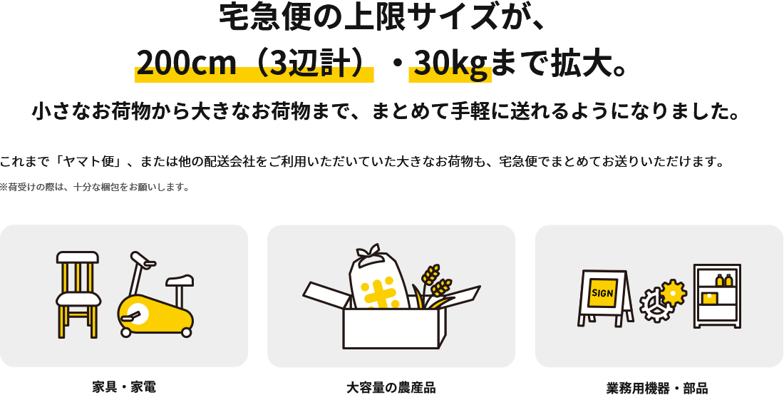 宅急便の上限サイズが、200cm（3辺計）・30kgまで拡大。　小さなお荷物から大きなお荷物まで、まとめて手軽に送れるようになりました。　これまで「ヤマト便」、または他の配送会社をご利用いただいていた大きなお荷物も、宅急便でまとめてお送りいただけます。　※荷受けの際は、十分な梱包をお願いします。　家具・家電　大容量の農産品　業務用機器・部品