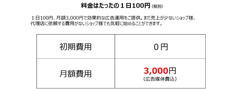 料金はたったの1日100円（税別）　初期費用0円　月額費用3,000円（広告媒体費込）