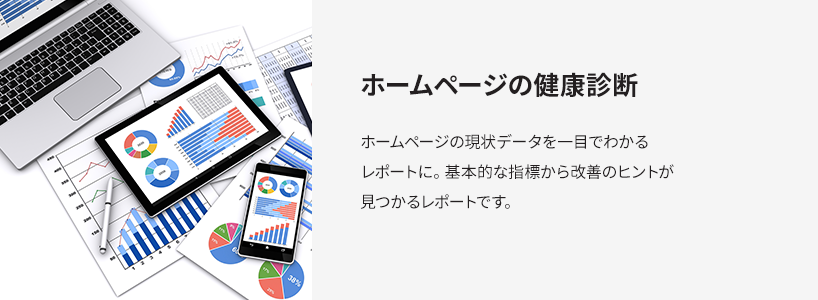 ホームページの健康診断 ホームページの現状データを一目でわかるレポートに。基本的な指標から改善のヒントが見つかるレポートです。