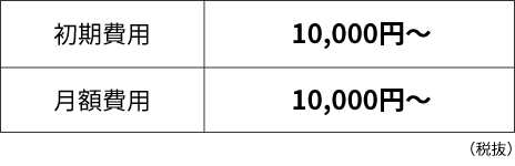 初期費用10月万円〜　月額費用10万円〜（税抜）