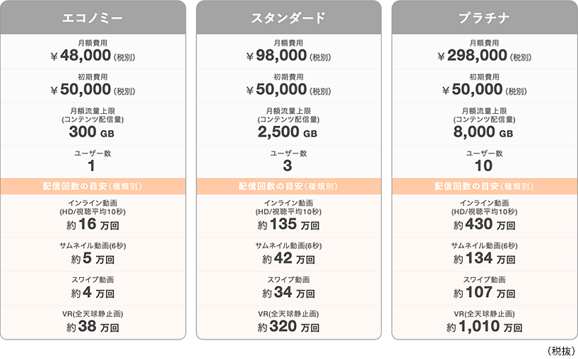 エコノミー・スタンダード・プラチナ　料金表（税抜）