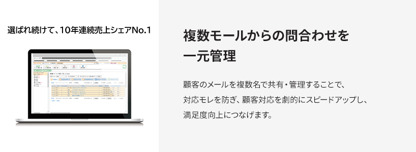 複数モールからの問合わせを一元管理　顧客のメールを複数名で共有・管理することで、対応モレを防ぎ、顧客対応を劇的にスピードアップし、満足度向上につなげます。